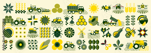Green eco pattern. Agriculture, farming. Vintage mosaic style. Simple geometric shapes. Modern background of grains, poultry breeding, beekeeping, agricultural machinery, farm implements, flowers.