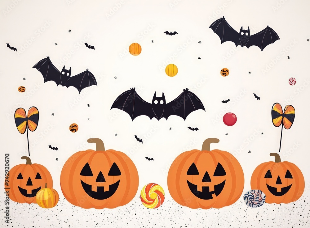 Fototapeta premium Festive Halloween vector art with cartoon pumpkin faces and colorful candies.
