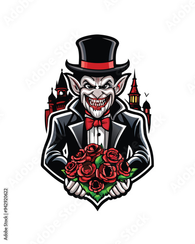 A vampire wearing a top hat, a suit, and a bowtie, holding a bouquet of red roses, with a sly smile and sharp teeth, in front of an ominous castle.