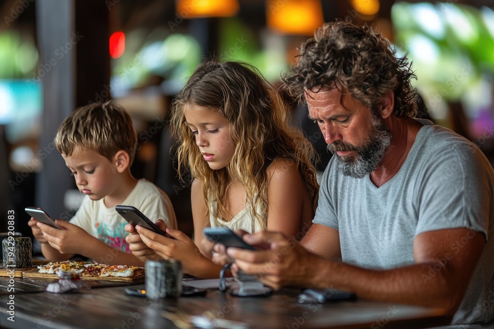 Fototapeta premium A family of three sits at a table, each using their phone. This photo depicts the modern reality of constant digital connection, even while dining together.