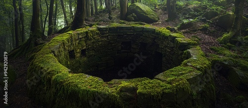 Moss-covered stone well sits in the midst of a dark, ominous forest.