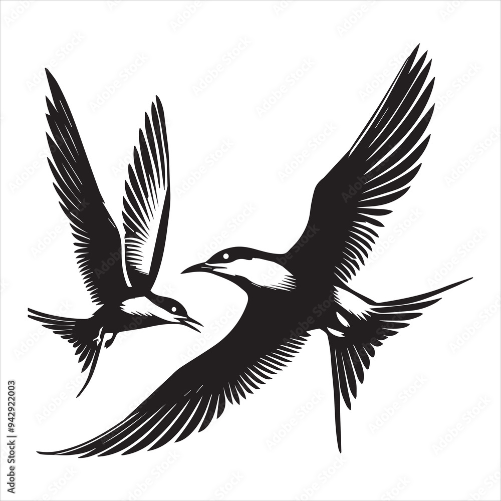 Common Tern Silhouette, Sterna hirundo Bird Clipart - Common Tern flight Illustration in black and white Common Tern Silhouette, Sterna hirundo Bird Clipart - Common Tern flight Illustration in black and white