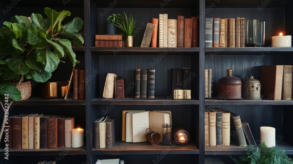 A well-organized bookshelf with books and interesting objects like candles or plants. --ar 16:9 --v 6.1 Job ID: fbcfd8cb-bf9e-4980-99ed-b5946f65060b A well-organized bookshelf with books and interesting objects like candles or plants. --ar 16:9 --v 6.1 Job ID: fbcfd8cb-bf9e-4980-99ed-b5946f65060b