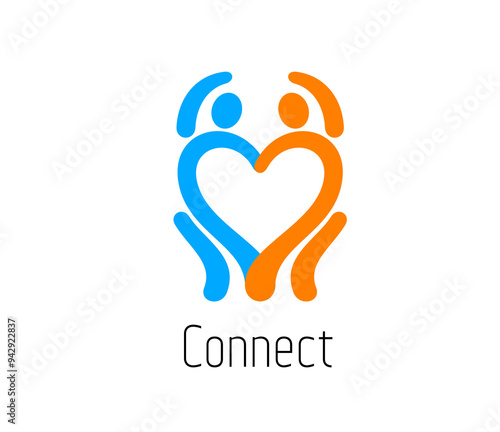 Family and connect people together icon for teamwork or community union, vector symbol. Woman and man in heart of hands connecting family for social community, people together and kids charity symbol