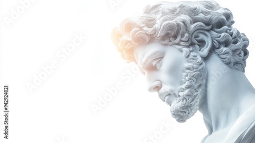 A statue of a man with a beard and a beard. The statue is white and it is looking at the camera