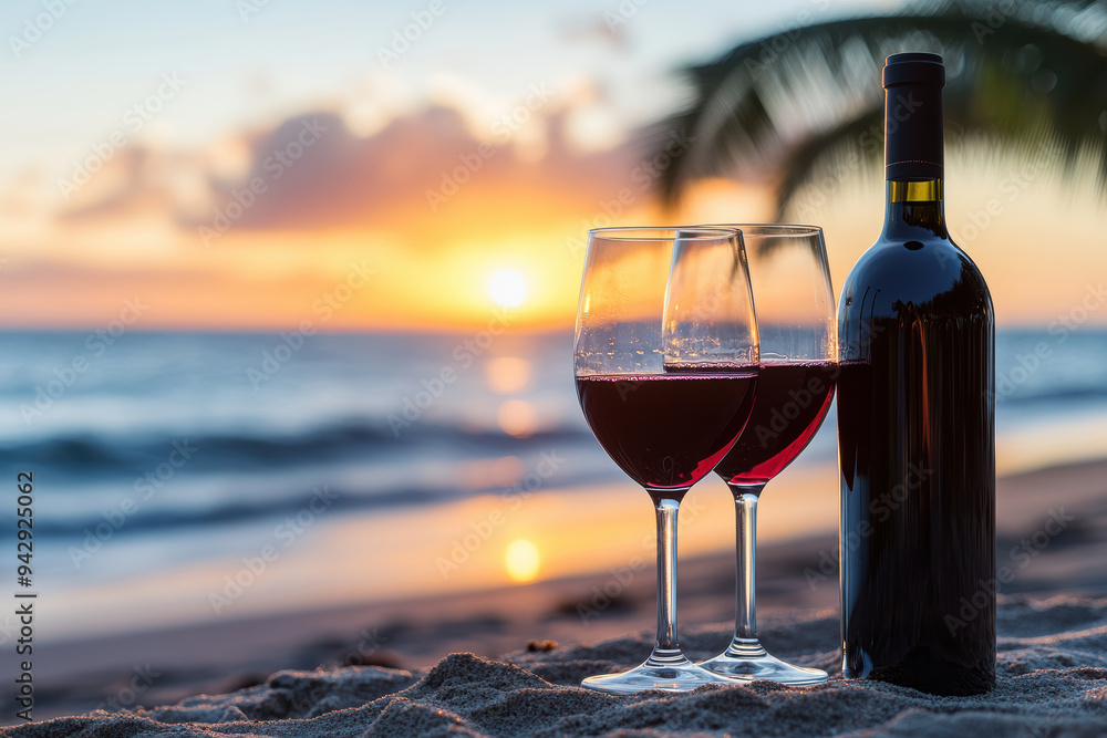 Wine and sunset with palm silhouette on the seashore Wine and sunset with palm silhouette on the seashore