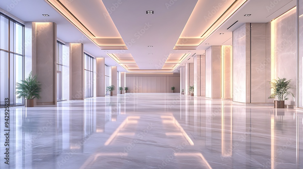 Grand Empty Reception Hall with Polished Marble Surfaces, Soft Lighting Accents, and High-End Architectural Design Grand Empty Reception Hall with Polished Marble Surfaces, Soft Lighting Accents, and High-End Architectural Design