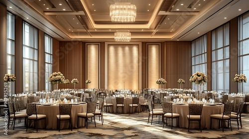 Sophisticated Banquet Space with Warm Neutral Tones, Soft Textured Walls, and Plush Seating for Upscale Social Events photo