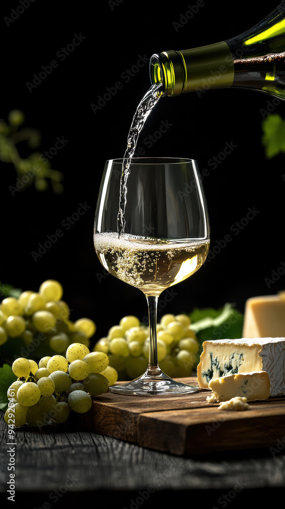 Obraz premium wine pouring with grapes and cheese in a dark setting