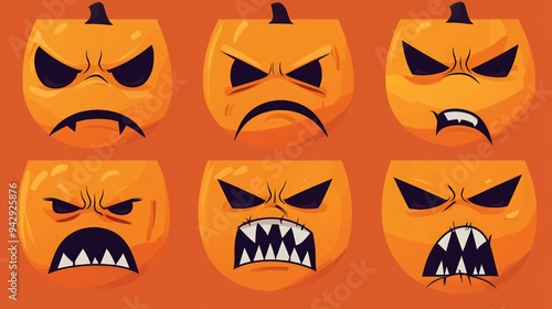 Series of frowning face icons in flat cartoon style for Halloween-themed horror visuals.