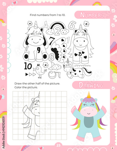 Activity Pages for Kids. Printable Activity Sheet with Unicorn Activities – find numbers, drawing. Vector illustration.