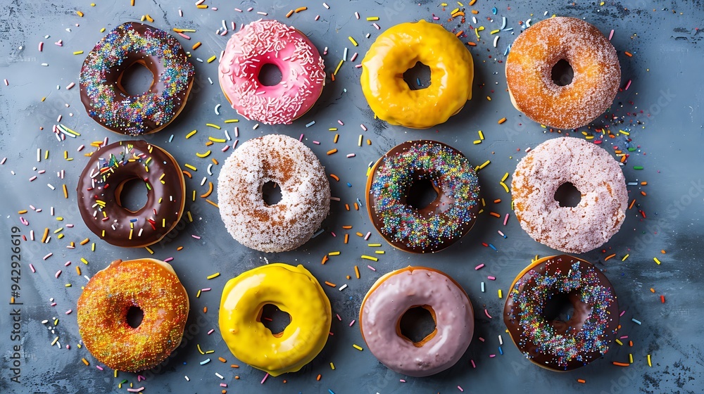 The donuts on a background of blue concrete colorful background of donuts various sprinkle topped glazed doughnuts The donuts on a background of blue concrete colorful background of donuts various sprinkle topped glazed doughnuts