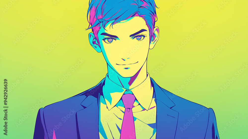 a male office worker, anime style, cute kawaii, simple, smiling happy, neon psychedelic background a male office worker, anime style, cute kawaii, simple, smiling happy, neon psychedelic background