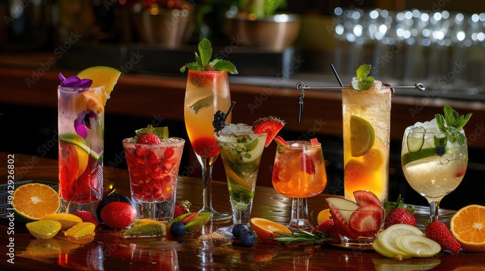 A selection of colorful cocktails with fresh fruit garnishes, arranged on a wooden bar counter. A selection of colorful cocktails with fresh fruit garnishes, arranged on a wooden bar counter.
