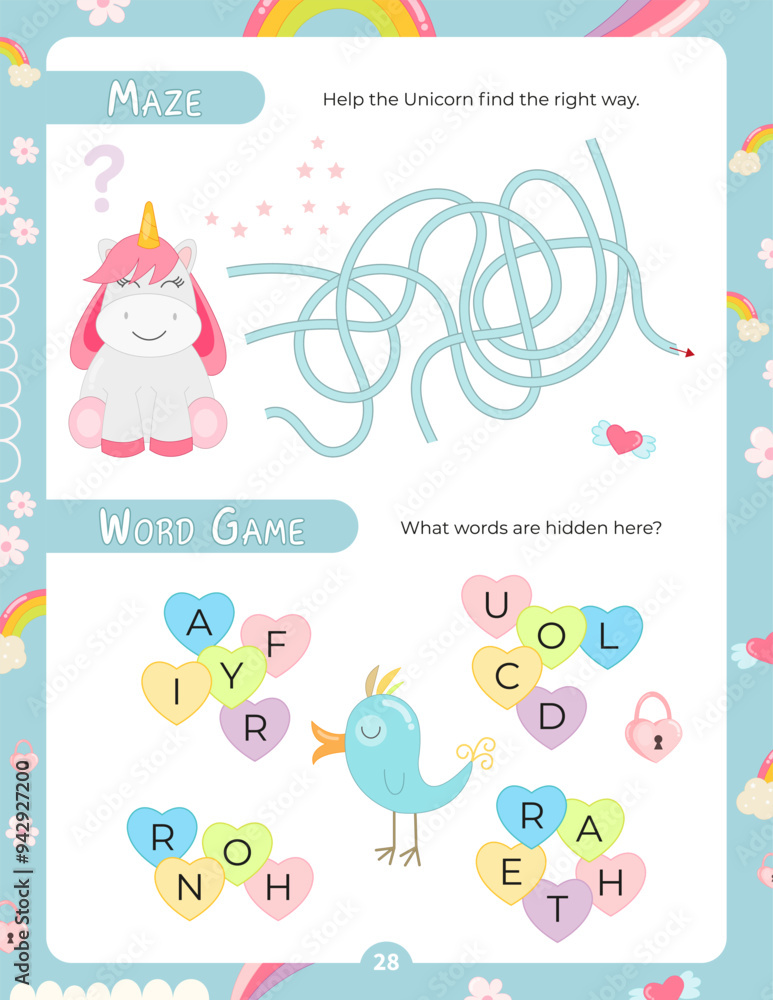 Activity Pages for Kids. Printable Activity Sheet with Unicorn Activities – Maze, Find the hidden words in mixed letters. Vector illustration. Activity Pages for Kids. Printable Activity Sheet with Unicorn Activities – Maze, Find the hidden words in mixed letters. Vector illustration.