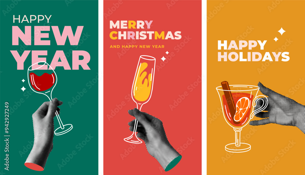 Fototapeta premium Group people drink winter drinks. Set of templates for social media with human hands holding mulled wine, champagne, red wine. People celebrate Christmas and New Year together. Modern halftone collage