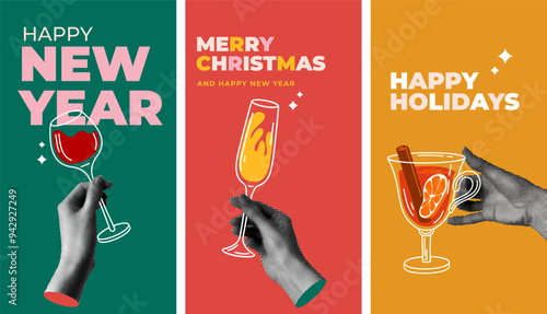 Group people drink winter drinks. Set of templates for social media with human hands holding mulled wine, champagne, red wine. People celebrate Christmas and New Year together. Modern halftone collage