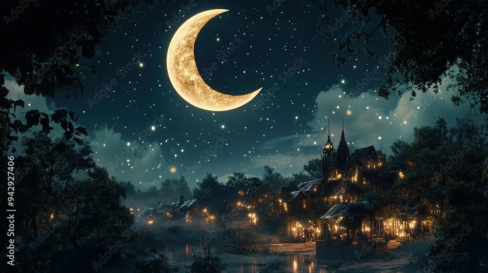 Naklejka premium Crescent moon hanging over a quiet village, with ample copy space.