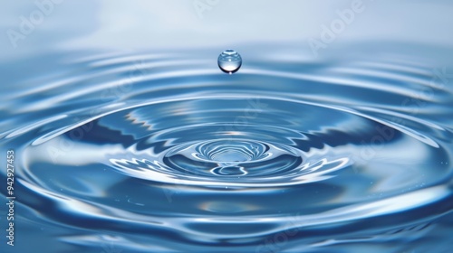 A single water droplet falls onto a still surface, creating concentric ripples that spread outward.