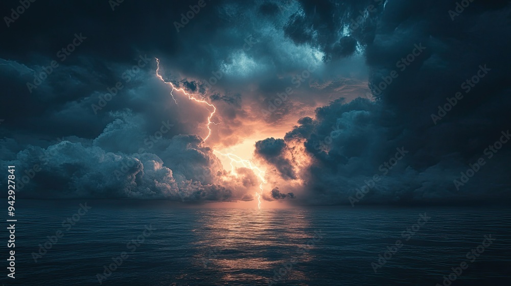 Obraz premium Dark clouds and lightning over a vast ocean, with plenty of room for text.
