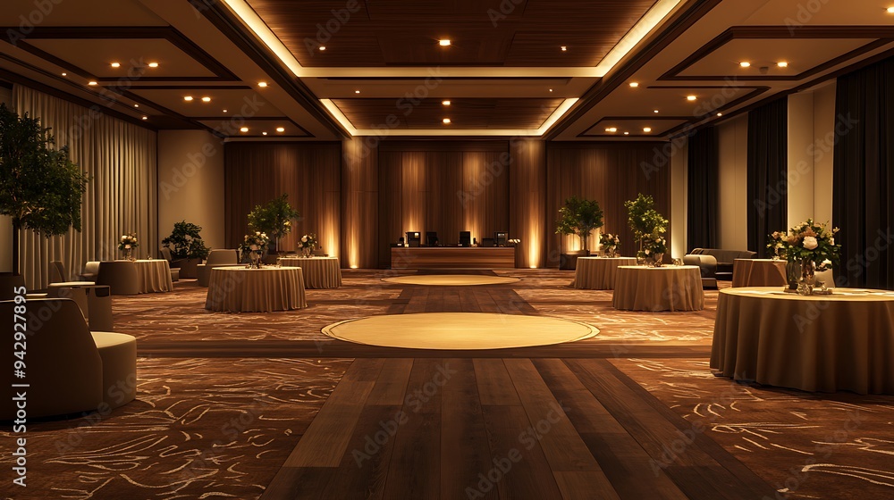 Sleek Event Hall with Elegant Earthy Tones, Premium Wood Textures, and Designer Seating for High-End Corporate Events