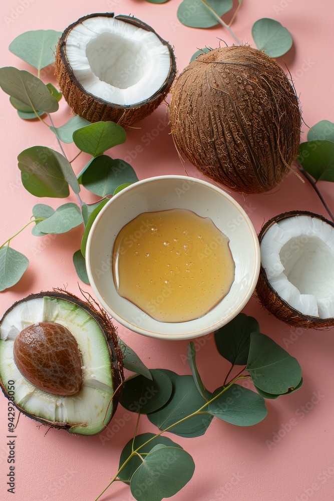 This composition features coconut halves, fresh avocado, and eucalyptus leaves accompanied by a bowl of honey, all arranged on a soft pink background, highlighting natural beauty This composition features coconut halves, fresh avocado, and eucalyptus leaves accompanied by a bowl of honey, all arranged on a soft pink background, highlighting natural beauty