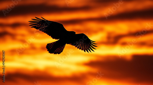 A buzzard (Buteo buteo) silhouetted against an orange and black sunset background. --ar 16:9 --v 6.1 Job ID: c9ae82f8-a822-43cc-8713-9665bd791abf