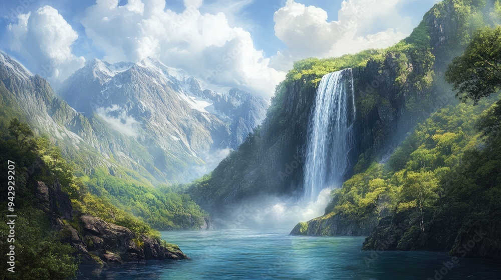 Fototapeta premium Elegant waterfall in a mountain valley, with abundant space for text.