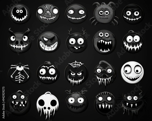 Halloween icon collection in black and white, featuring spooky eyes and creepy smiles. photo