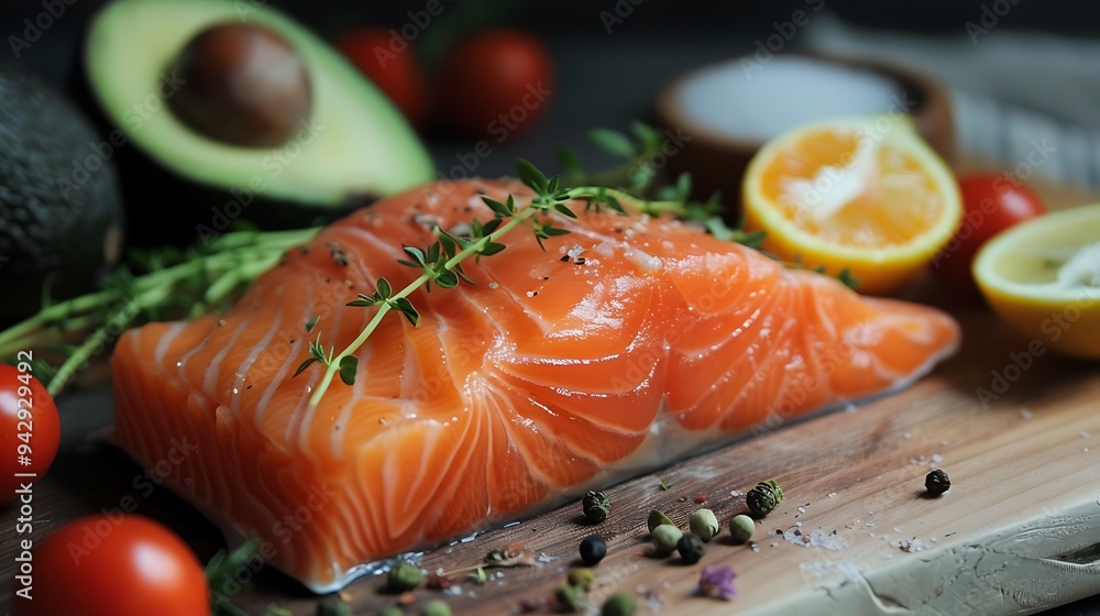 The fruit of the avocado and freshly caught salmon The fruit of the avocado and freshly caught salmon