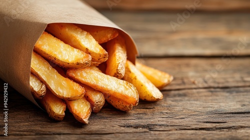 Crispy Golden French Fries in Brown Paper Bag on Rustic Wooden Table Background