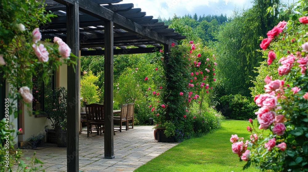 Obraz premium Garden house with a wooden pergola and climbing roses, plenty of space for copy.
