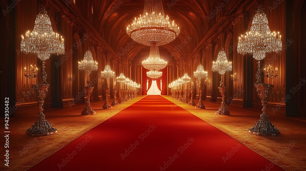 Obraz premium Glamorous Red Carpet Path in a Lavishly Lit Hall with Crystal Chandeliers and Ornate Details for a Prestigious Ceremony