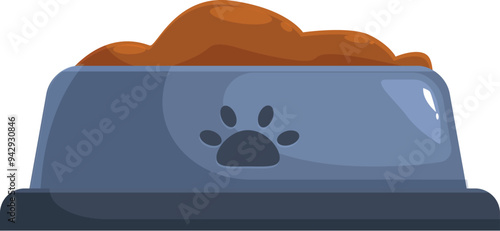 Full dog bowl with paw print logo is standing on the floor, concept of domestic animals feeding