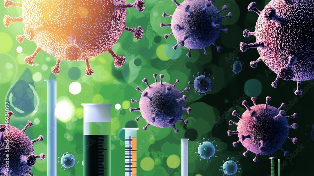 Microscopic view of viruses with test tubes, representing virology and ...