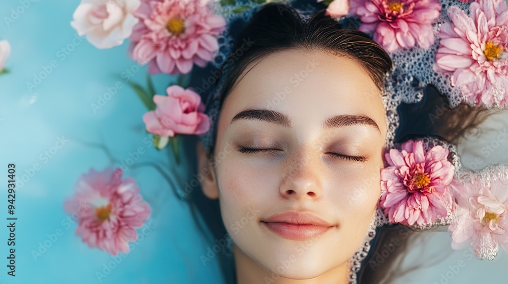 girl with flowers, spa treatment, beauty care and self-care concept. copy space for text. girl with flowers, spa treatment, beauty care and self-care concept. copy space for text.