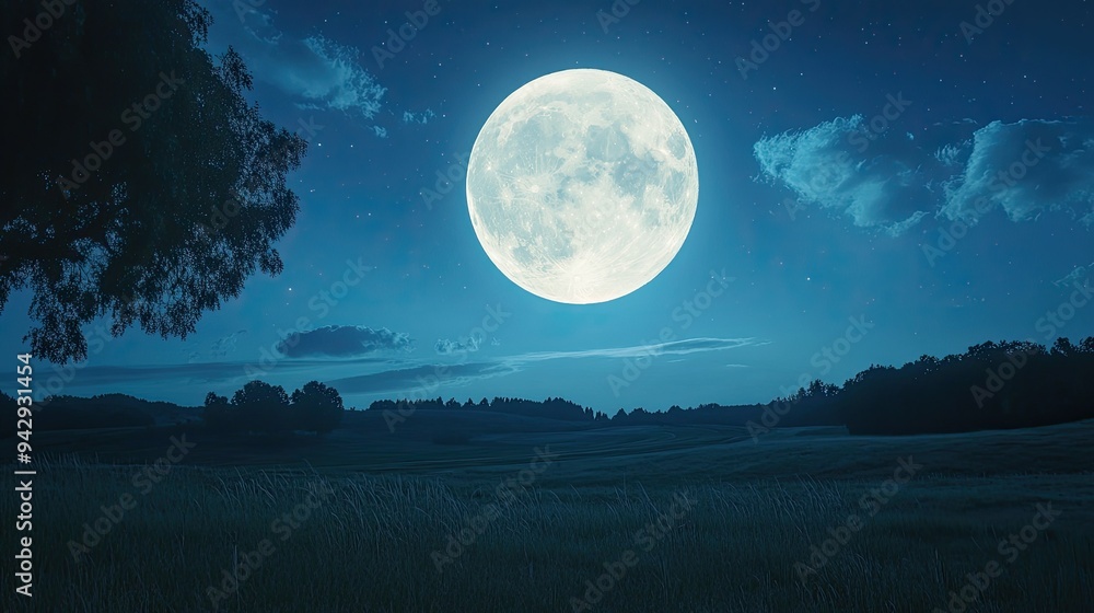 Majestic full moon above a quiet countryside, with ample copy space. Majestic full moon above a quiet countryside, with ample copy space.