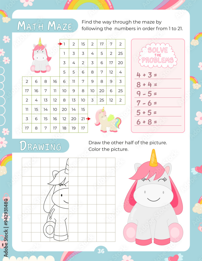 Activity Pages for Kids. Printable Activity Sheet with Unicorn Activities – math maze, draw half, solve problems. Vector illustration. Activity Pages for Kids. Printable Activity Sheet with Unicorn Activities – math maze, draw half, solve problems. Vector illustration.