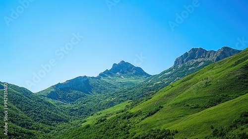 Lush green mountain slopes under a clear blue sky, abundant copy space.