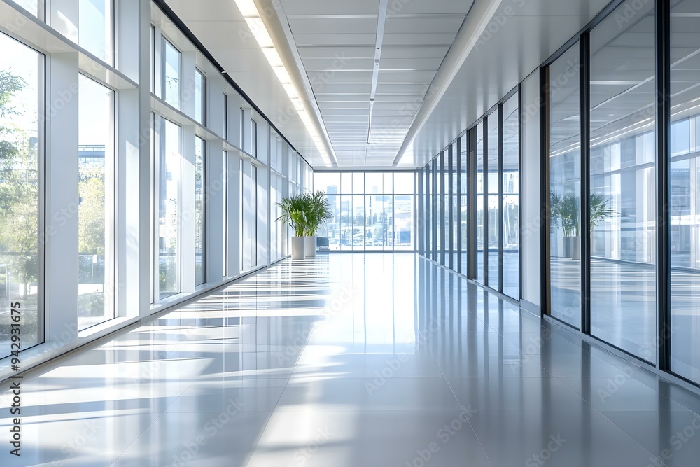 Modern Office Corridor with Large Windows Modern Office Corridor with Large Windows