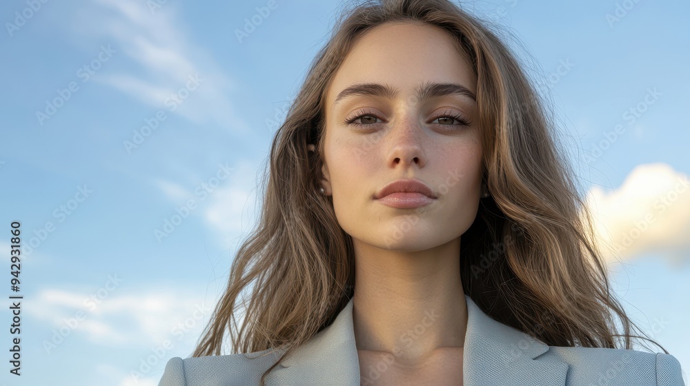 A woman with long brown hair and a blue jacket. She is smiling and looking at the camera A woman with long brown hair and a blue jacket. She is smiling and looking at the camera