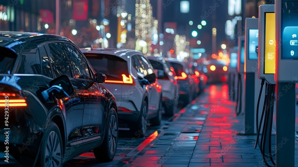 Obraz premium Electric car charging stations in a busy city, representing clean transportation