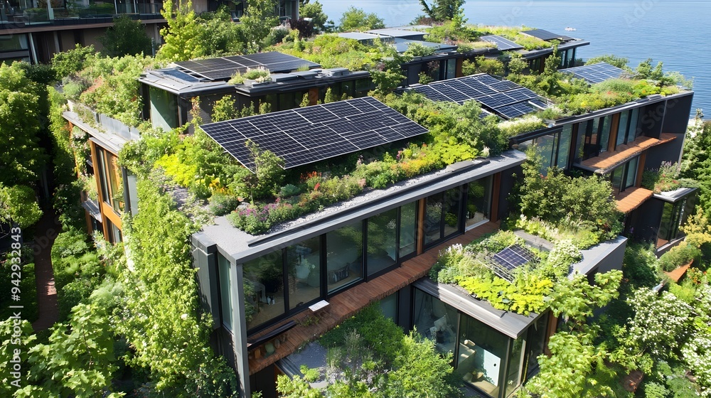 Urban rooftop gardens with solar panels, illustrating sustainable living Urban rooftop gardens with solar panels, illustrating sustainable living