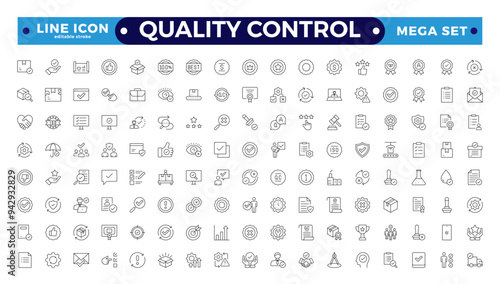Quality control Outline icon set. Containing inspection, evaluation, product, quality assurance, process, testing, Pictograms, and infographics for mobile apps. Editable stroke outline icon. 