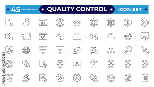 Quality control Outline icon set. Containing inspection, evaluation, product, quality assurance, process, testing, Pictograms, and infographics for mobile apps. Editable stroke outline icon. 