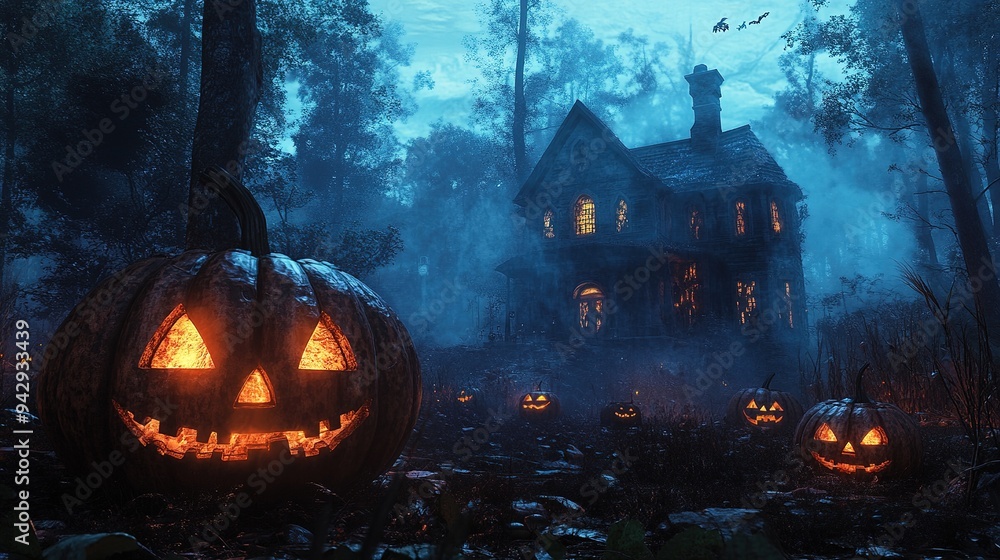 Naklejka premium Halloween background with pumpkins and haunted house. Halloween background with Evil Pumpkin. Spooky scary dark Night forrest. Holiday event halloween.