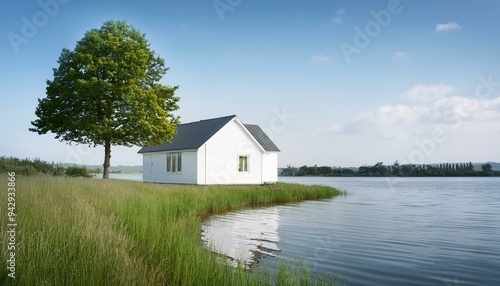 Tranquil Scene: White Cottage and Lone Tree by the Lake"