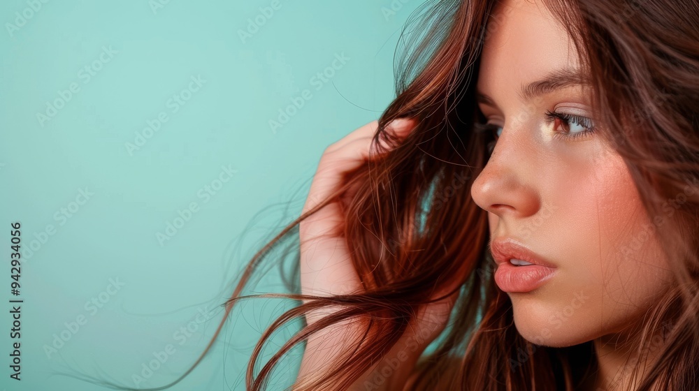 A woman tenderly touches her long brown hair, revealing signs of dryness and damage against a soothing mint backdrop, emphasizing the importance of hair care A woman tenderly touches her long brown hair, revealing signs of dryness and damage against a soothing mint backdrop, emphasizing the importance of hair care