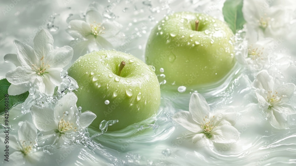 3D wallpaper, a green apple with water drops surrounded by white flowers and flying petals on a light background 3D wallpaper, a green apple with water drops surrounded by white flowers and flying petals on a light background