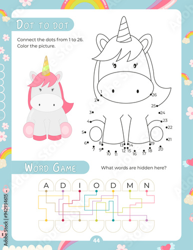Activity Pages for Kids. Printable Activity Sheet with Unicorn Activities –  dot to dot, mixed letters. Vector illustration.